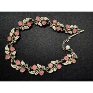 Vintage Coro 17in Pronge Set Pink Crystal & Enamel Flowers Necklace